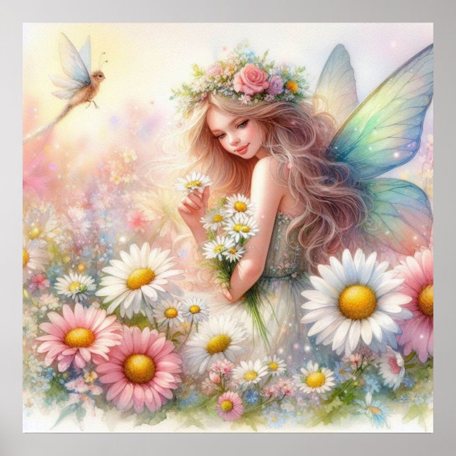 Poster Fada e flores na terra das fadas pastel aquarela (Frente)