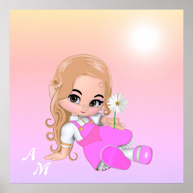 Poster Fada e monograma em tons de rosa (Frente)