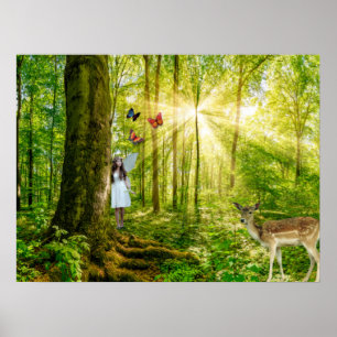Poster Fada na floresta mágica com Bambi e borboleta