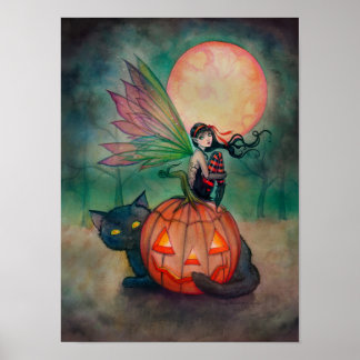 Poster Fada Pixie de Halloween e Arte Fantasia de Gato Pr
