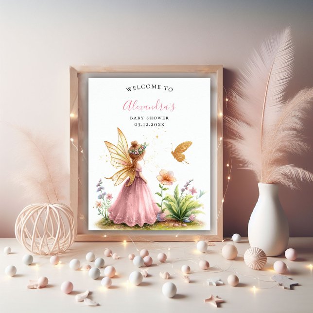 Poster Fada Princesa Encantada, Chá De Bebê Rosa (fairy princess girl baby shower welcome poster pink watercolor twinkle lights enchanted garden)
