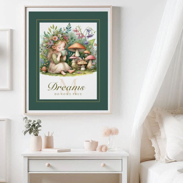 Pôster Fada Princesa Magia Tea Monograma Inspiração (enchanted garden fairy princess tea mushrooms nursery kids decor poster personalized monogram cute)