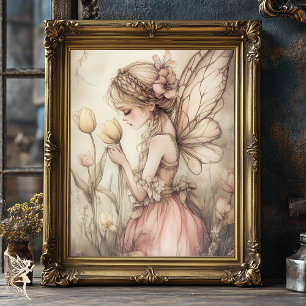 Poster Fada Romântica Whimsical em Campo de Arte Flores