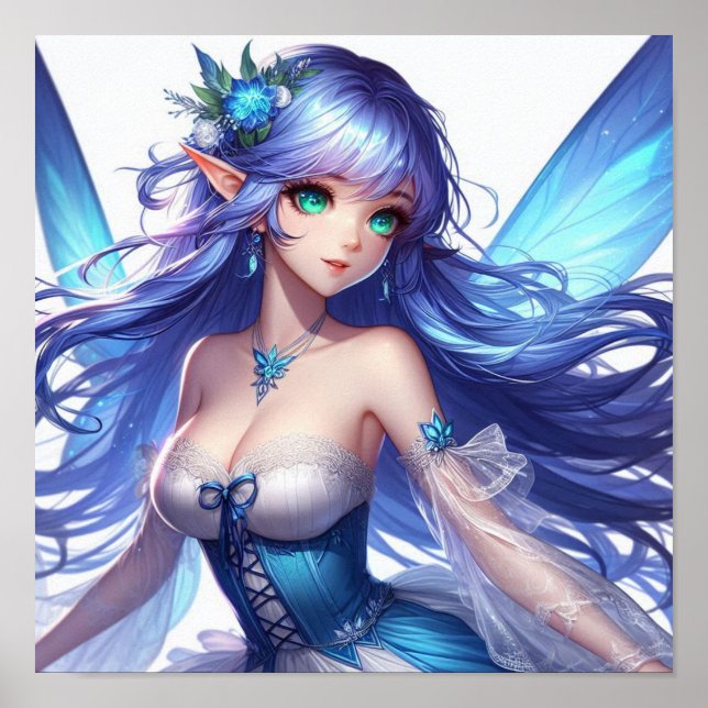 Poster Fada Tropical de Cabelos Azuis com Olhos Esmeralda (Frente)