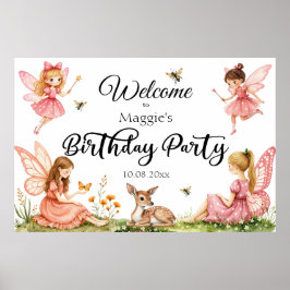 Poster Fadas Rosa Woodland Deer Birday Festas Bem-vindas