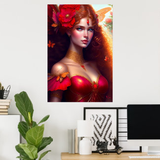 Poster Fadas Vermelhas da Fantasia Flores Vermelhas