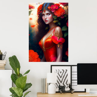 Poster Fadas Vermelhas da Fantasia Flores Vermelhas