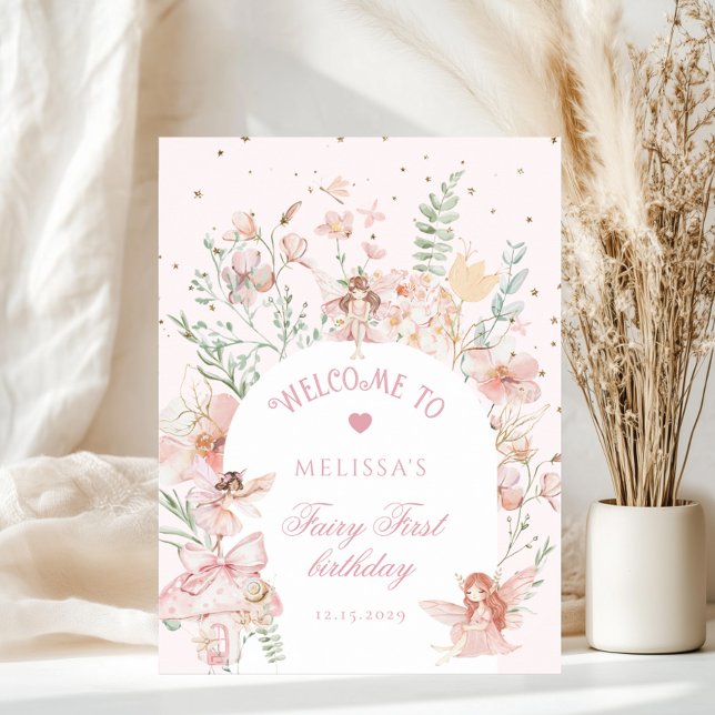Poster Fairy First Birthday Whimsical pink Welcome (Criador carregado)