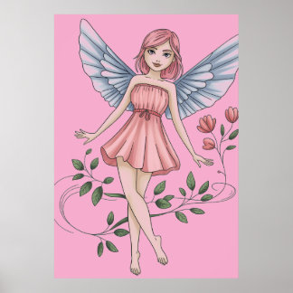 Poster Fairy Illustration with Pink Dress and Wings
