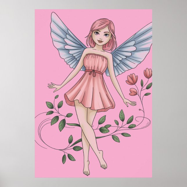 Poster Fairy Illustration with Pink Dress and Wings (Frente)