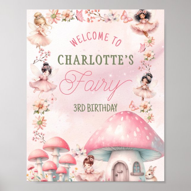 Poster Fairy Mushroom House Pink Birthday (Frente)