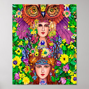 Poster Fairy Princess Sisters Owl - Arte original nouveau