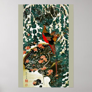 Poster Faisões na neve, pinheiro, Rosas, japonês