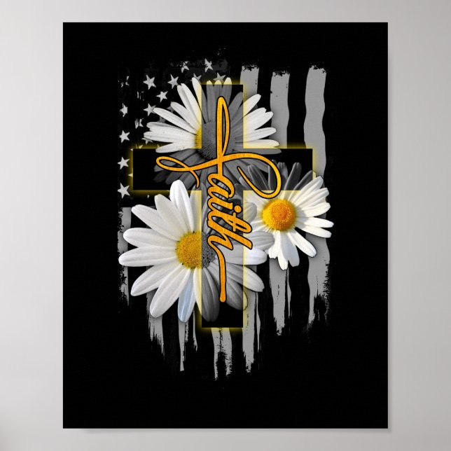 Poster Faith Cross Casual Cross Daisy US Flag Floral (Frente)