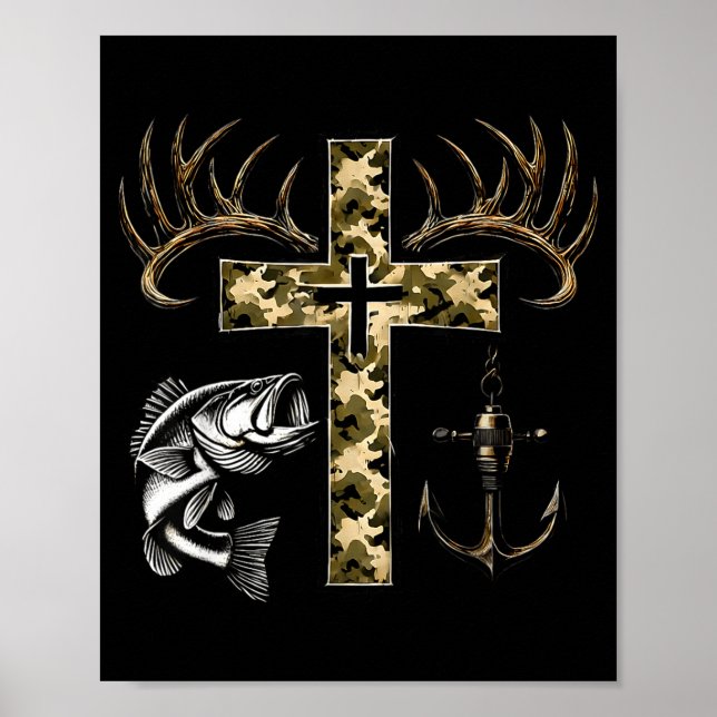 Poster Faith Fishing Hunting Camo Cross With Hook B Chris (Frente)