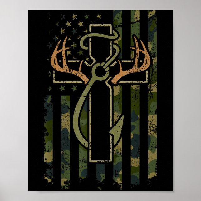 Poster Faith Fishing Hunting Camo Us Flag Cross With Hook (Frente)