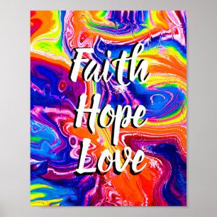 Poster FAITH HOPE AMOR com fundo colorido