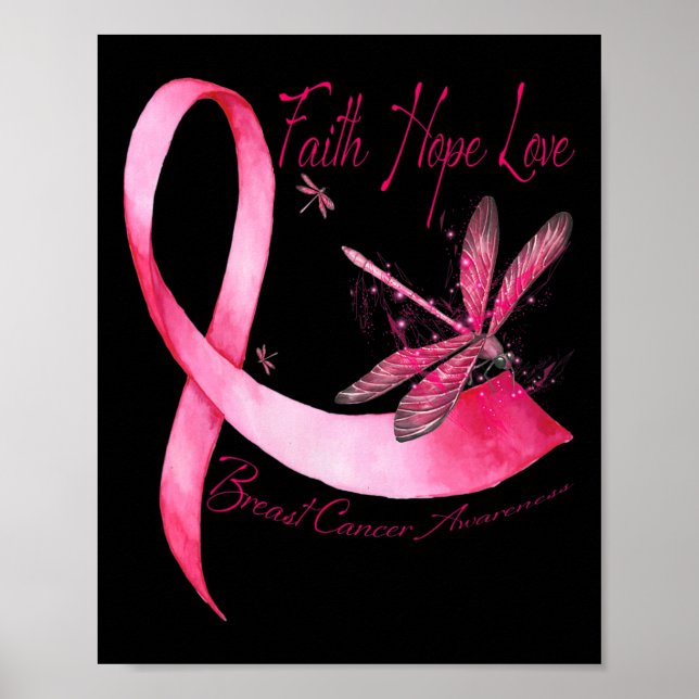Poster Faith Hope Love Dragonfly Pink Ribbon Breve Cance (Frente)