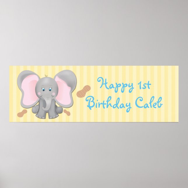 Pôster Faixa de Aniversário de Elefante Bebê Fofo e Amend (Frente)