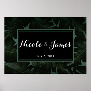Poster Faixa de casamento de folhas tropicais Green & Bla