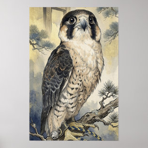 Poster Falcão Aquarela - Arte Japonesa de Parede de Ave d