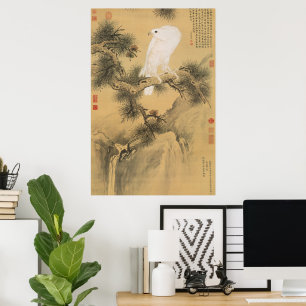 Poster Falcão Branco Vintage em Arte Chinesa de Pinheiro