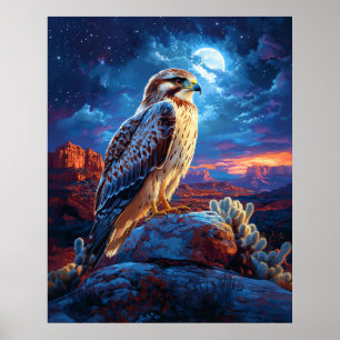Poster Falcão no Deserto Sob uma Lua Cheia