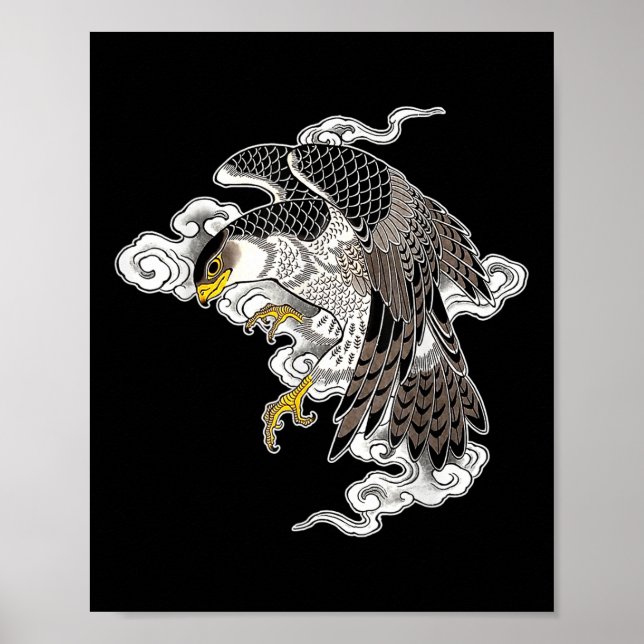 Poster Falcon Hawk Voando X Nuvens Japonesas Tattoo Flash (Frente)