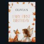 Pôster Fall Fairy First Birthday Invite com Fox Brunette<br><div class="desc">Queda Fada Primeiro Convite de Aniversário com Raposa e Pixinho com asas e folhas de queda e abóboras</div>