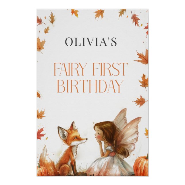 Pôster Fall Fairy First Birthday Invite com Fox Brunette (Frente)