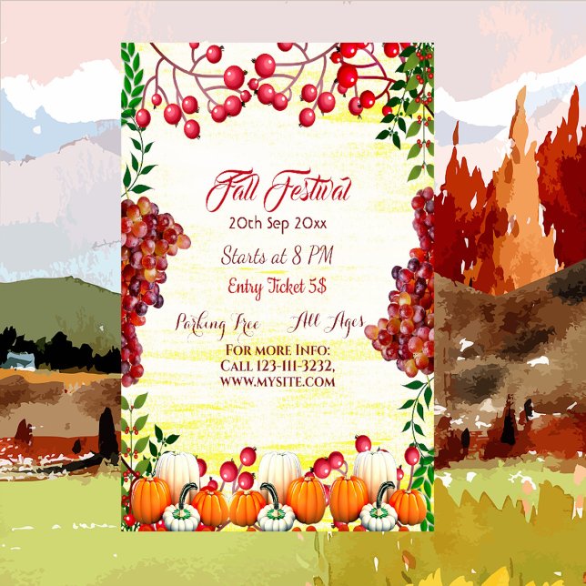 Poster Fall Festival Autumn Berries Uva Pumpkin Branco (Fall Festival)