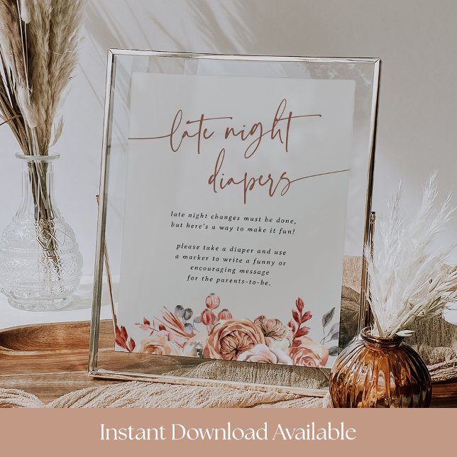 Poster Fall Floral Baby Shower Late Night Diapers Sign (Criador carregado)