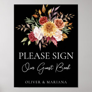 Poster Fall Floral Black Weding Sinal Guest Book
