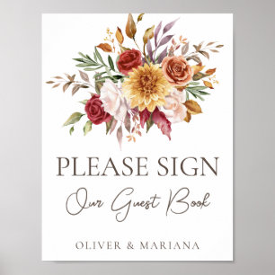 Poster Fall Floral Brown no Sinal de Livro de Convidado d