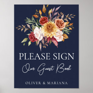 Poster Fall Floral Marinho Azul Sinal de Livro de Convida