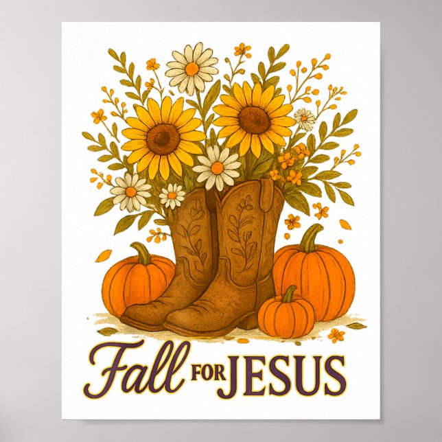 Poster Fall For Jesus Western Boots Pumpkin Floral Faith  (Frente)