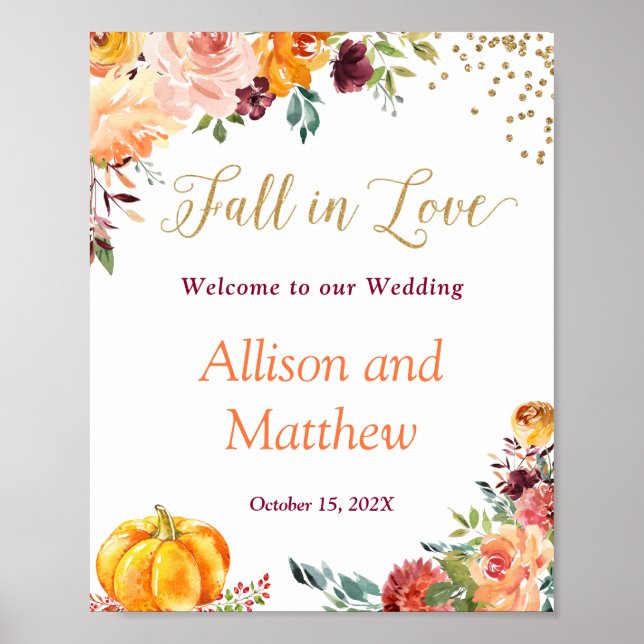 Poster Fall in Love Autumn Floral Pumpkin Sinal de Casame (Frente)