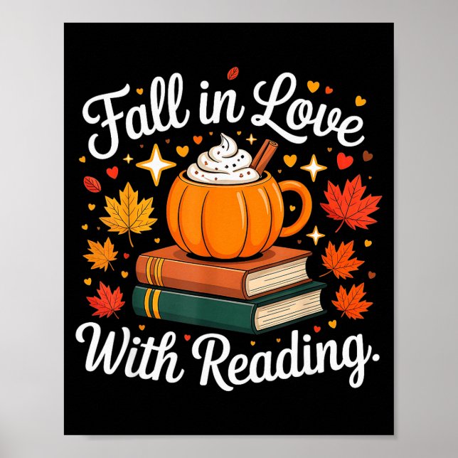 Poster Fall In Love With Reading Autumn Pumpkin Mug Book  (Frente)