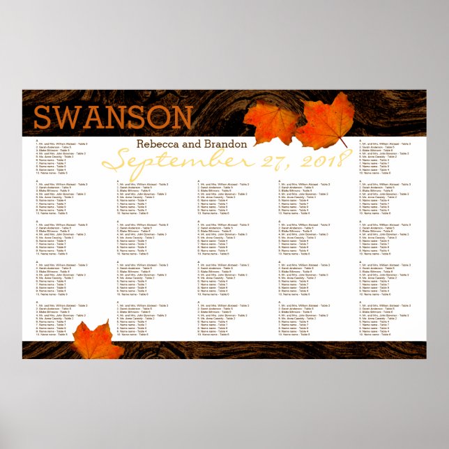 Pôster Fall Leaves Rustic Wood Wedding Seating Chart (Frente)