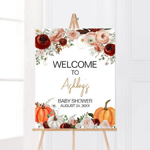 Poster Fall Marsala Burgundy Floral Pumpkin Bem-vindo