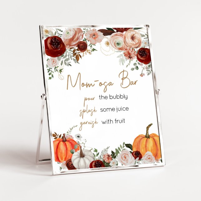 Poster Fall Marsala Burgundy Floral Pumpkin Mãe Osa Bar (Fall Floral Pumpkin Baby Shower Mom Osa Bar Sign)
