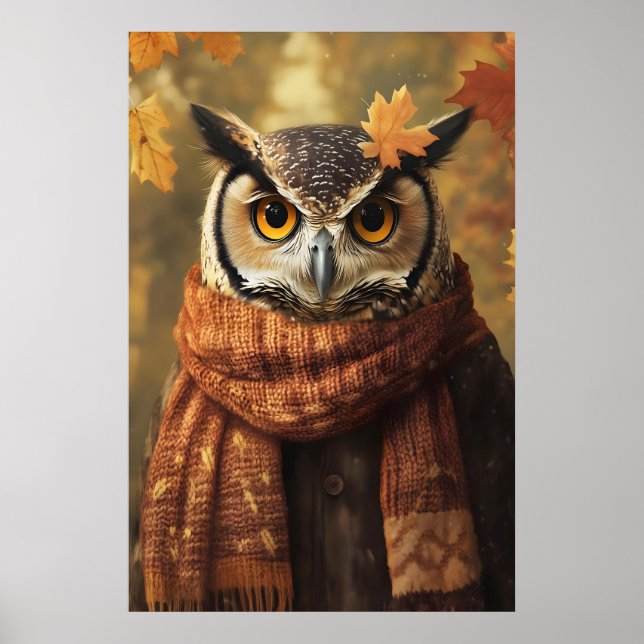 Poster Fall Owl Art Print, Autumn Clothes, Rustic Home (Frente)