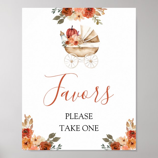 Poster Fall Pumpkin Stroller Floral Baby Shower Favors (Frente)