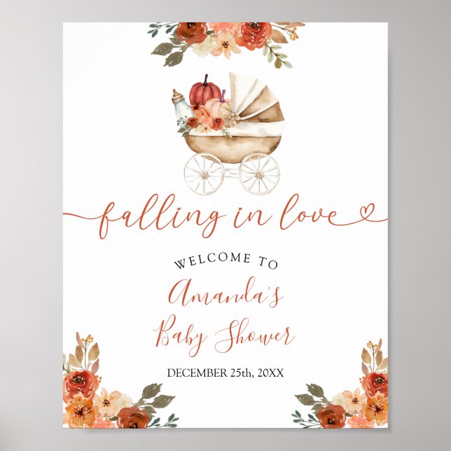 Poster Fall Pumpkin Stroller Floral Baby Shower Welcome (Frente)