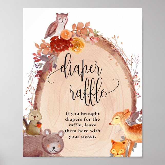 Poster Fall Woodland Animal Baby Fralda Sinal Raffle (Frente)