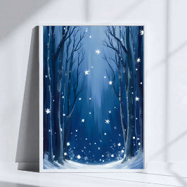 Poster Falling Snow Blue Winter Forest Watercolor Painted