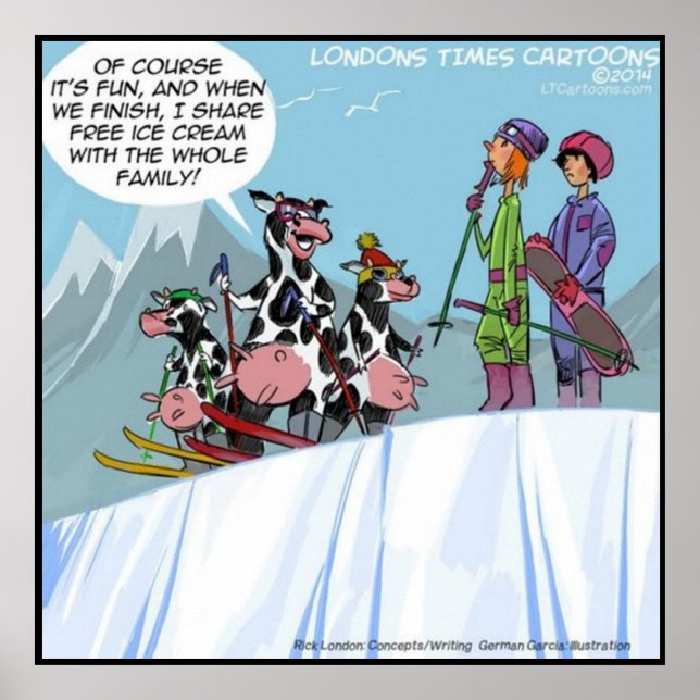 Pôster Família Cow Snow Skiing Engraçada (Frente)