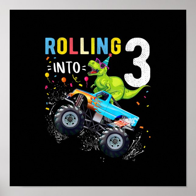 Poster Família de Caminhões Monstros Dinossauros, 3 anos (Frente)