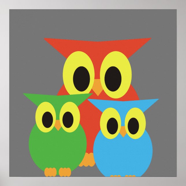 Poster Família de corujas: Vermelho, Verde e Azul (Frente)