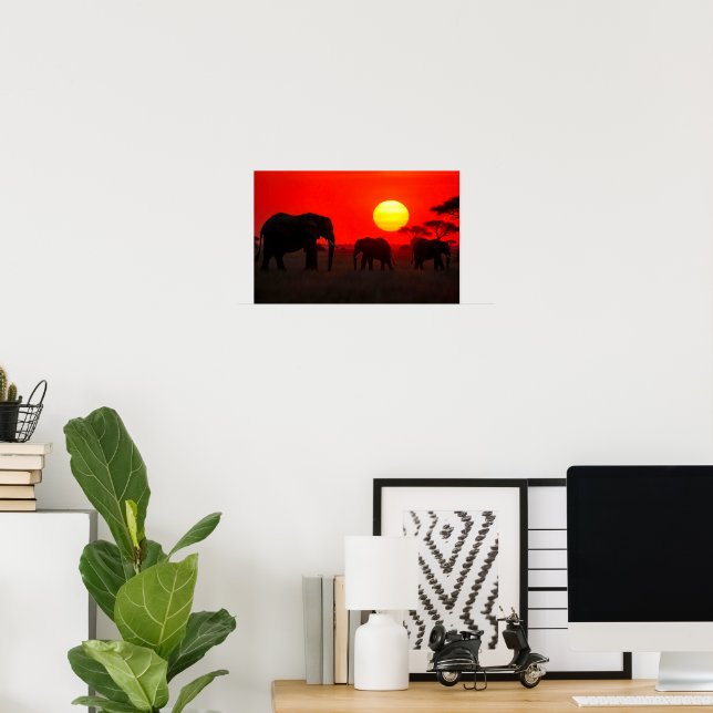 Poster Família de Elefantes ao Pôr do Sol (Escritório em casa)